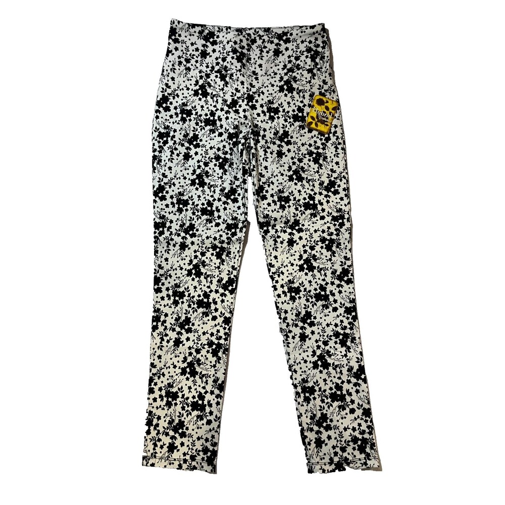 Hybrid & Company Women's Floral Leggings Black White Stretch Pants Size M NEW